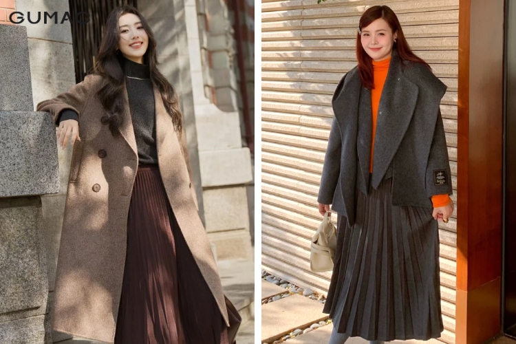 Không thể bỏ qua váy thân dưới xếp ly với áo măng tô dài